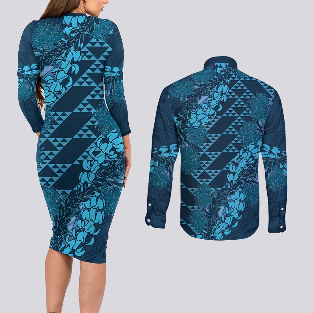 Naval Night Aloha Hawaii Couples Matching Long Sleeve Bodycon Dress and Long Sleeve Button Shirt Hawaiian Kakau Ohia Lehua Lei LT14 - Polynesian Pride