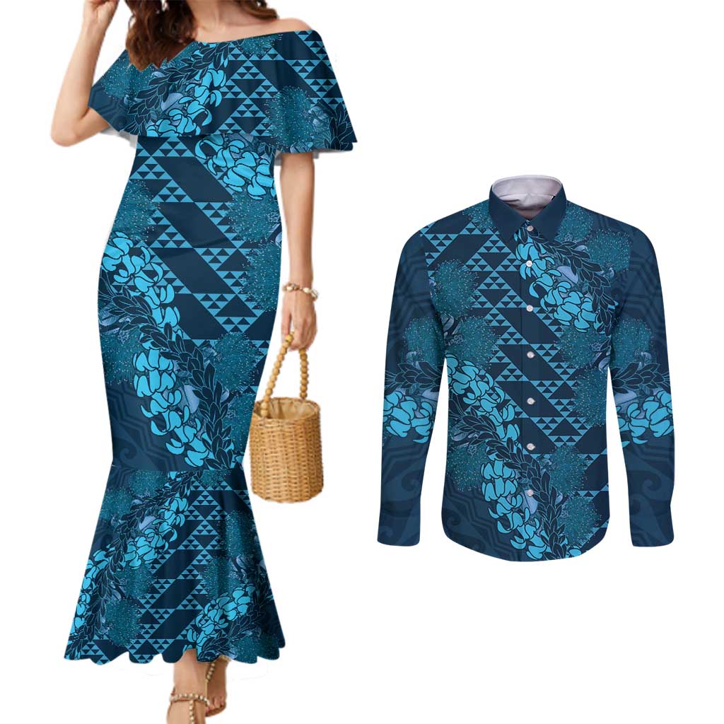 Naval Night Aloha Hawaii Couples Matching Mermaid Dress and Long Sleeve Button Shirt Hawaiian Kakau Ohia Lehua Lei LT14 Blue - Polynesian Pride