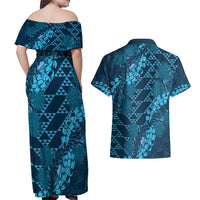 Naval Night Aloha Hawaii Couples Matching Off Shoulder Maxi Dress and Hawaiian Shirt Hawaiian Kakau Ohia Lehua Lei LT14 - Polynesian Pride