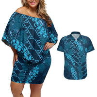 Naval Night Aloha Hawaii Couples Matching Off Shoulder Short Dress and Hawaiian Shirt Hawaiian Kakau Ohia Lehua Lei LT14 Blue - Polynesian Pride