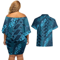 Naval Night Aloha Hawaii Couples Matching Off Shoulder Short Dress and Hawaiian Shirt Hawaiian Kakau Ohia Lehua Lei LT14 - Polynesian Pride