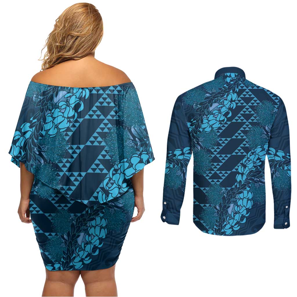 Naval Night Aloha Hawaii Couples Matching Off Shoulder Short Dress and Long Sleeve Button Shirt Hawaiian Kakau Ohia Lehua Lei - Polynesian Pride