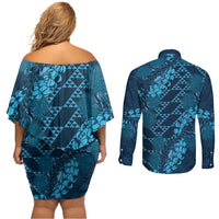 Naval Night Aloha Hawaii Couples Matching Off Shoulder Short Dress and Long Sleeve Button Shirt Hawaiian Kakau Ohia Lehua Lei - Polynesian Pride