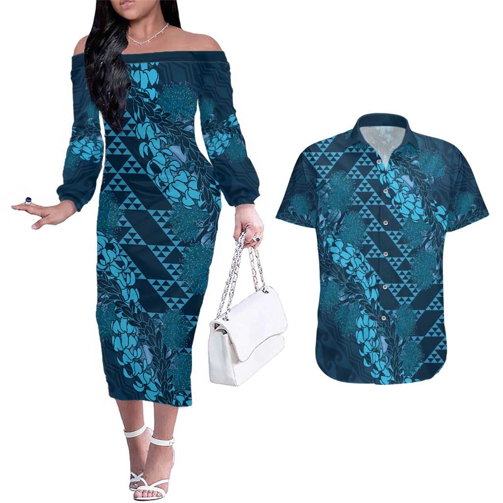 Naval Night Aloha Hawaii Couples Matching Off The Shoulder Long Sleeve Dress and Hawaiian Shirt Hawaiian Kakau Ohia Lehua Lei LT14 Blue - Polynesian Pride