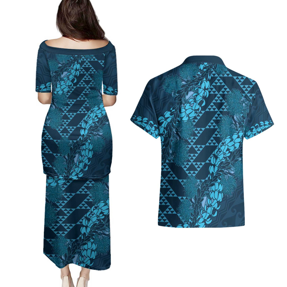 Naval Night Aloha Hawaii Couples Matching Puletasi and Hawaiian Shirt Hawaiian Kakau Ohia Lehua Lei - Polynesian Pride