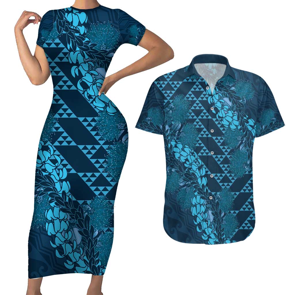 Naval Night Aloha Hawaii Couples Matching Short Sleeve Bodycon Dress and Hawaiian Shirt Hawaiian Kakau Ohia Lehua Lei LT14 Blue - Polynesian Pride