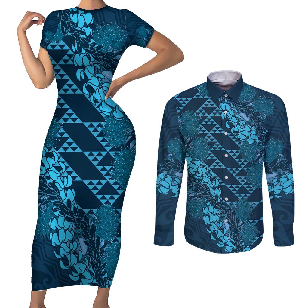 Naval Night Aloha Hawaii Couples Matching Short Sleeve Bodycon Dress and Long Sleeve Button Shirt Hawaiian Kakau Ohia Lehua Lei LT14 Blue - Polynesian Pride