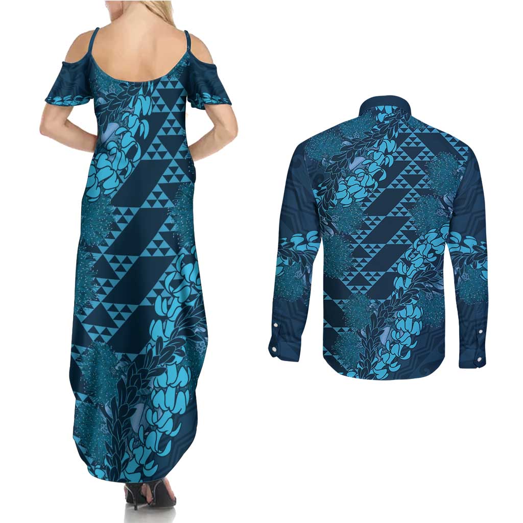 Naval Night Aloha Hawaii Couples Matching Summer Maxi Dress and Long Sleeve Button Shirt Hawaiian Kakau Ohia Lehua Lei - Polynesian Pride