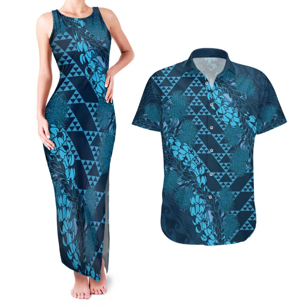 Naval Night Aloha Hawaii Couples Matching Tank Maxi Dress and Hawaiian Shirt Hawaiian Kakau Ohia Lehua Lei - Polynesian Pride