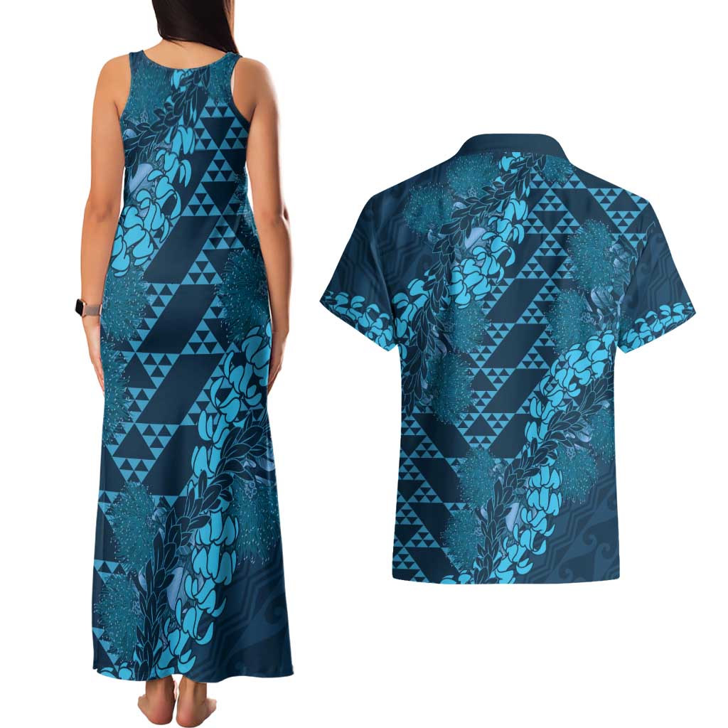 Naval Night Aloha Hawaii Couples Matching Tank Maxi Dress and Hawaiian Shirt Hawaiian Kakau Ohia Lehua Lei LT14 - Polynesian Pride