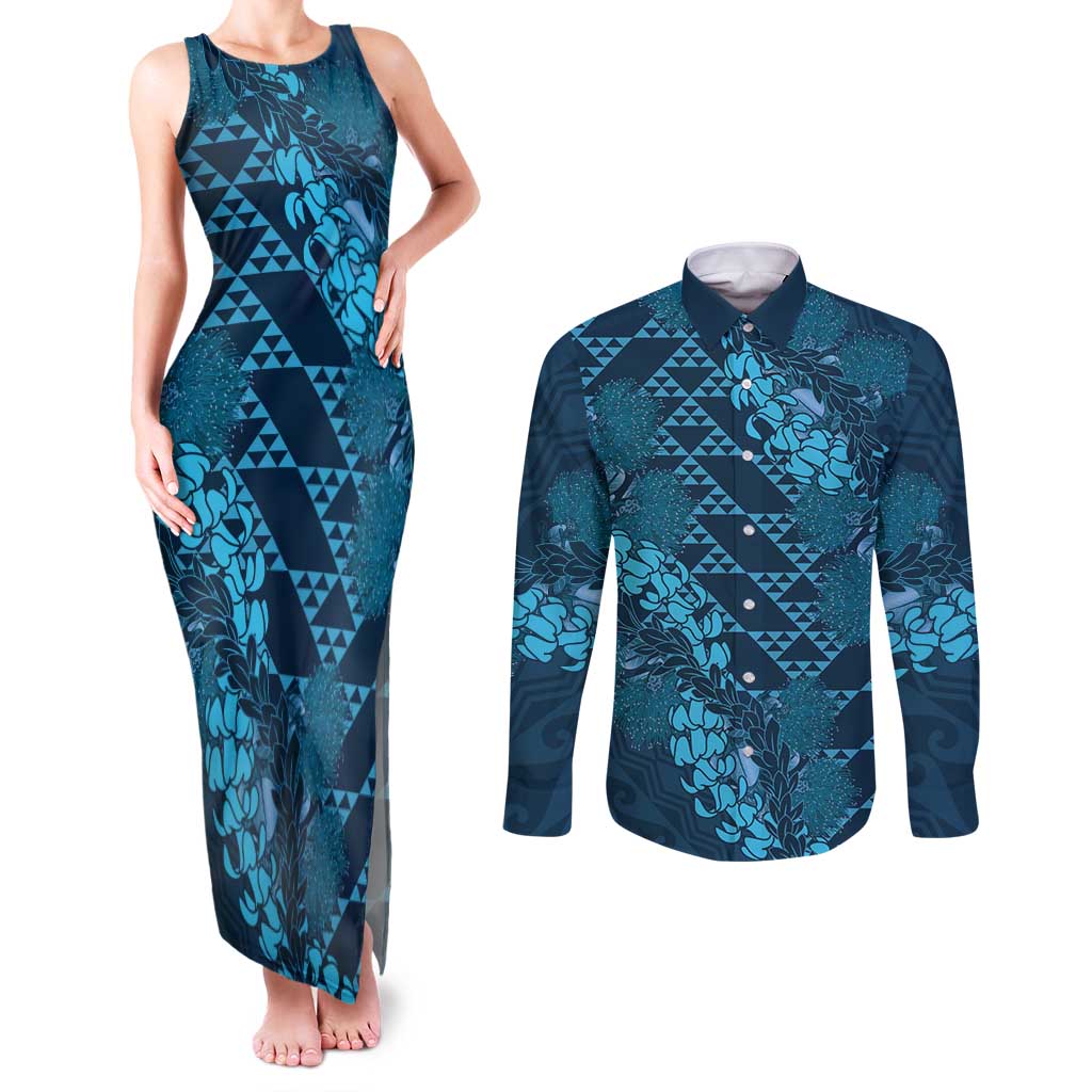 Naval Night Aloha Hawaii Couples Matching Tank Maxi Dress and Long Sleeve Button Shirt Hawaiian Kakau Ohia Lehua Lei - Polynesian Pride