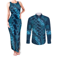 Naval Night Aloha Hawaii Couples Matching Tank Maxi Dress and Long Sleeve Button Shirt Hawaiian Kakau Ohia Lehua Lei - Polynesian Pride