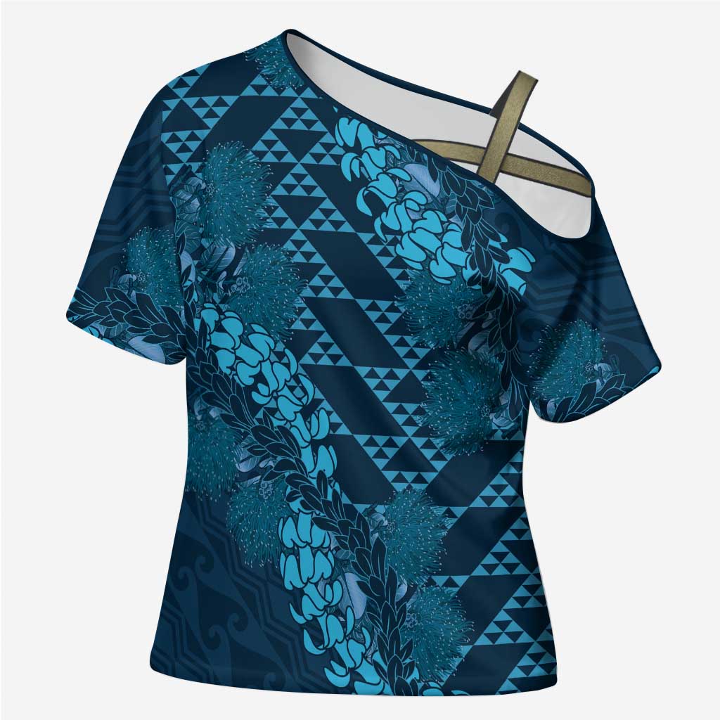 Naval Night Aloha Hawaii Cross Shoulder Shirt Hawaiian Kakau Ohia Lehua Lei - Polynesian Pride