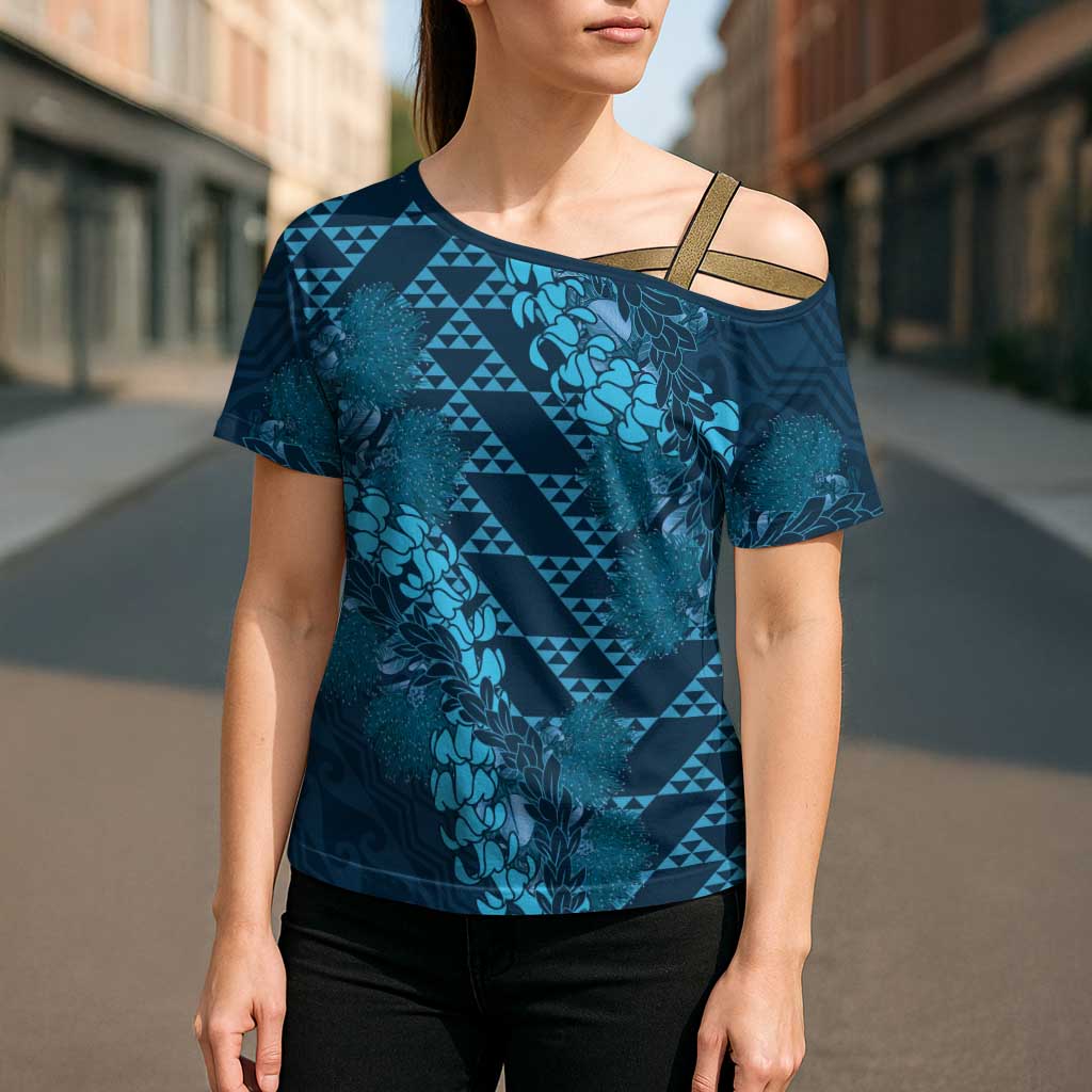 Naval Night Aloha Hawaii Cross Shoulder Shirt Hawaiian Kakau Ohia Lehua Lei - Polynesian Pride