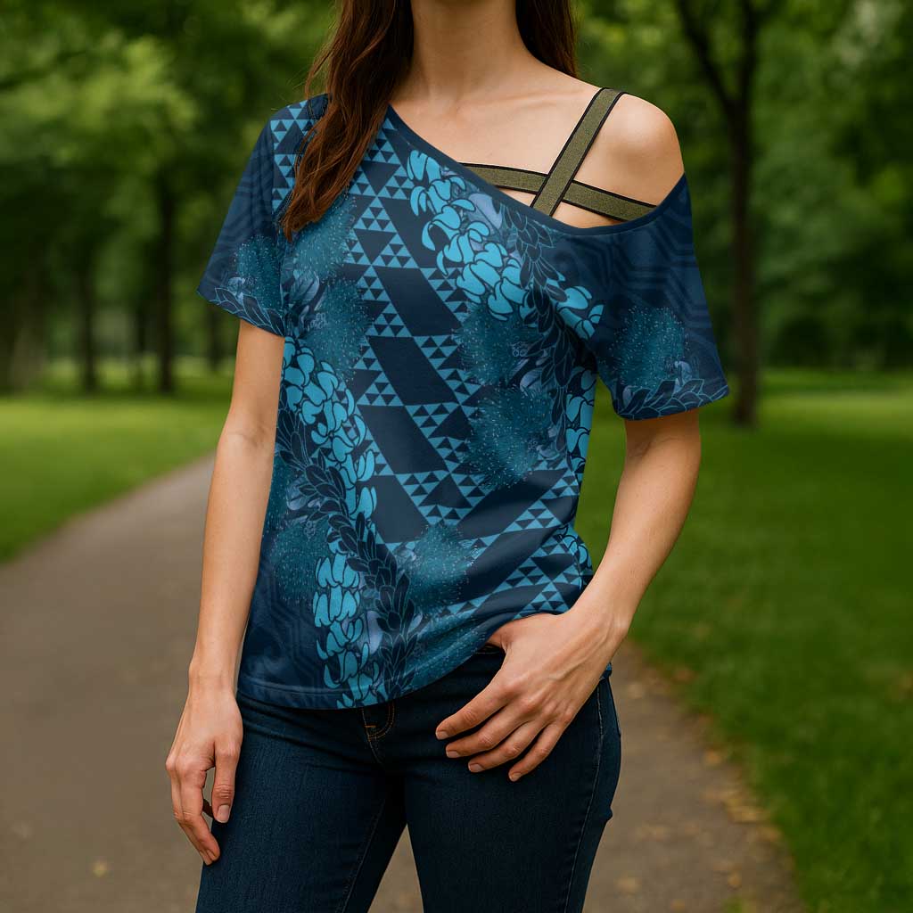 Naval Night Aloha Hawaii Cross Shoulder Shirt Hawaiian Kakau Ohia Lehua Lei - Polynesian Pride