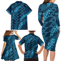 Naval Night Aloha Hawaii Family Matching Long Sleeve Bodycon Dress and Hawaiian Shirt Hawaiian Kakau Ohia Lehua Lei LT14 - Polynesian Pride