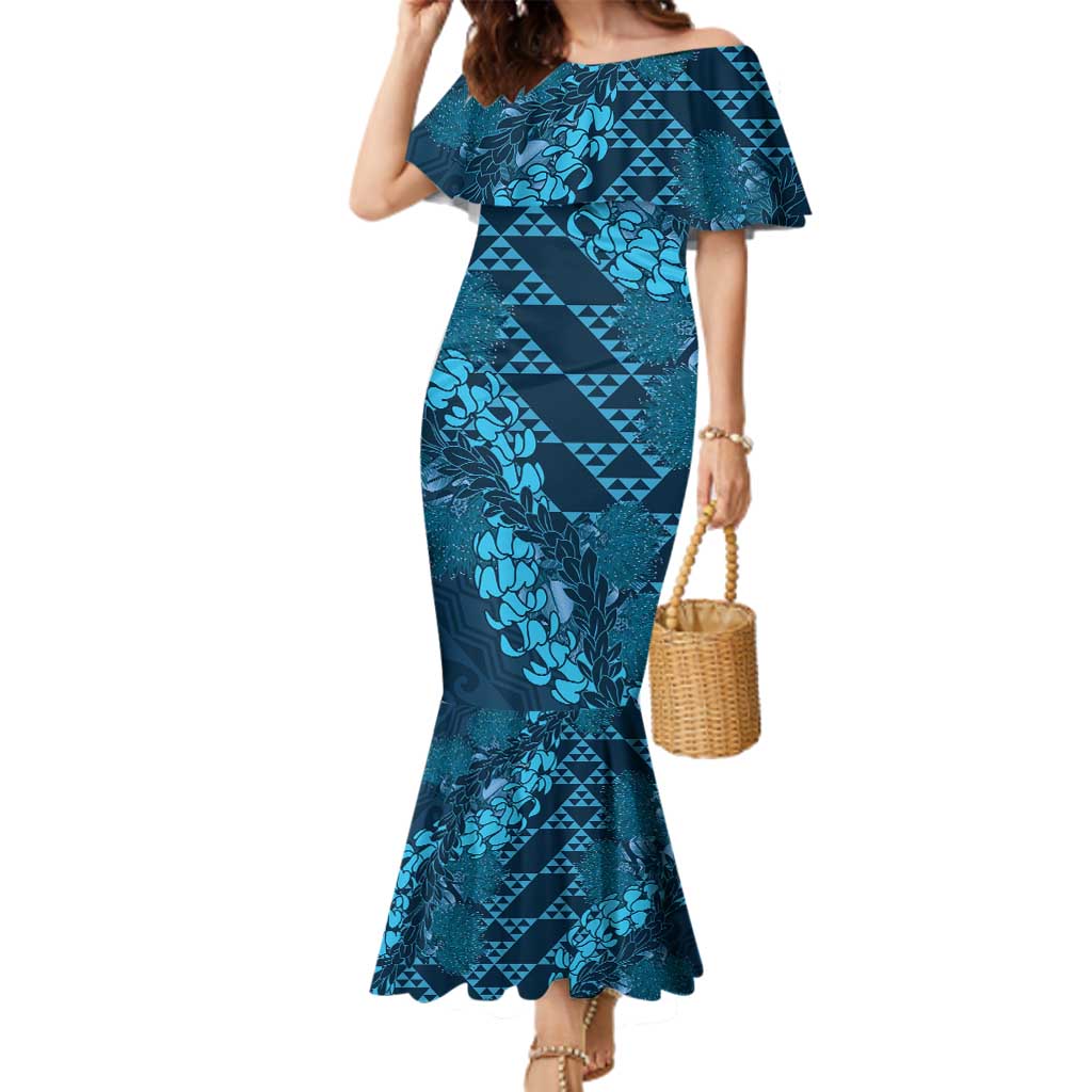 Naval Night Aloha Hawaii Family Matching Mermaid Dress and Hawaiian Shirt Hawaiian Kakau Ohia Lehua Lei LT14 Mom's Dress Blue - Polynesian Pride