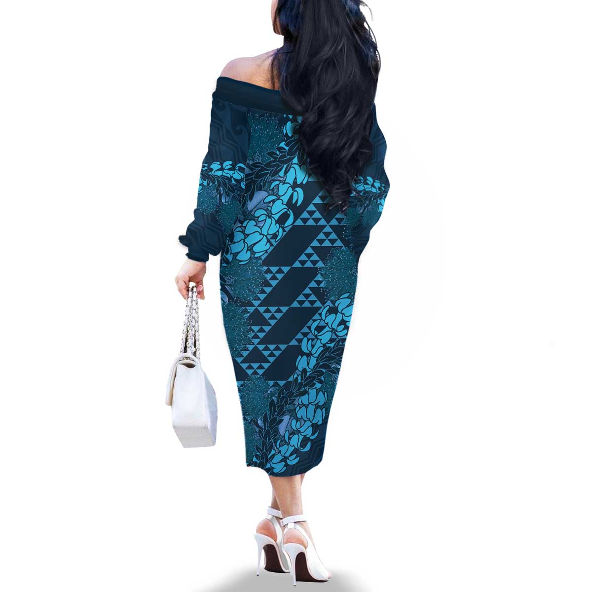 Naval Night Aloha Hawaii Family Matching Off The Shoulder Long Sleeve Dress and Hawaiian Shirt Hawaiian Kakau Ohia Lehua Lei LT14 - Polynesian Pride
