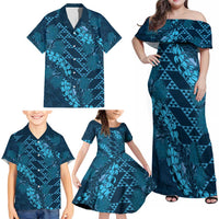 Naval Night Aloha Hawaii Family Matching Off Shoulder Maxi Dress and Hawaiian Shirt Hawaiian Kakau Ohia Lehua Lei LT14 - Polynesian Pride