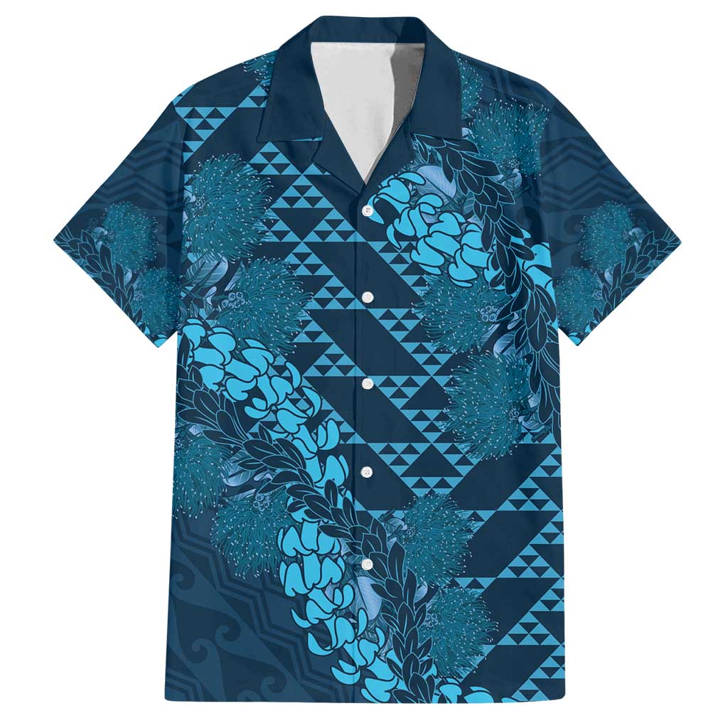 Naval Night Aloha Hawaii Family Matching Off Shoulder Maxi Dress and Hawaiian Shirt Hawaiian Kakau Ohia Lehua Lei LT14 Dad's Shirt - Short Sleeve Blue - Polynesian Pride