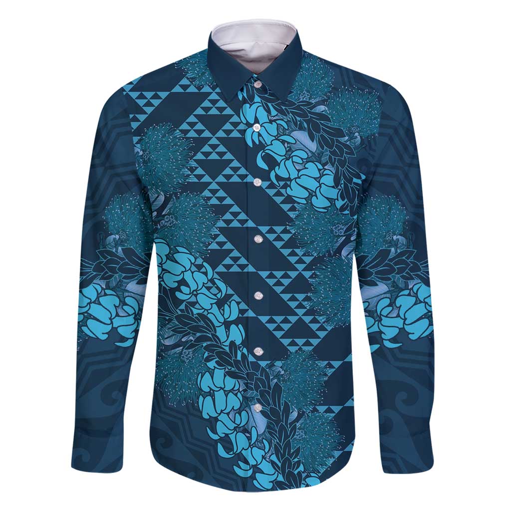 Naval Night Aloha Hawaii Family Matching Off Shoulder Maxi Dress and Hawaiian Shirt Hawaiian Kakau Ohia Lehua Lei LT14 Dad's Shirt - Long Sleeve Blue - Polynesian Pride