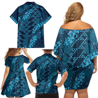 Naval Night Aloha Hawaii Family Matching Off Shoulder Short Dress and Hawaiian Shirt Hawaiian Kakau Ohia Lehua Lei LT14 - Polynesian Pride