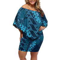 Naval Night Aloha Hawaii Family Matching Off Shoulder Short Dress and Hawaiian Shirt Hawaiian Kakau Ohia Lehua Lei LT14 Mom's Dress Blue - Polynesian Pride