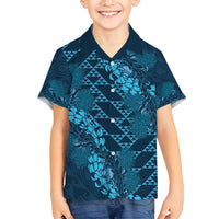 Naval Night Aloha Hawaii Family Matching Off Shoulder Short Dress and Hawaiian Shirt Hawaiian Kakau Ohia Lehua Lei LT14 Son's Shirt Blue - Polynesian Pride