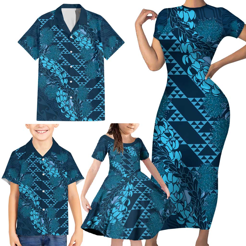 Naval Night Aloha Hawaii Family Matching Short Sleeve Bodycon Dress and Hawaiian Shirt Hawaiian Kakau Ohia Lehua Lei LT14 - Polynesian Pride