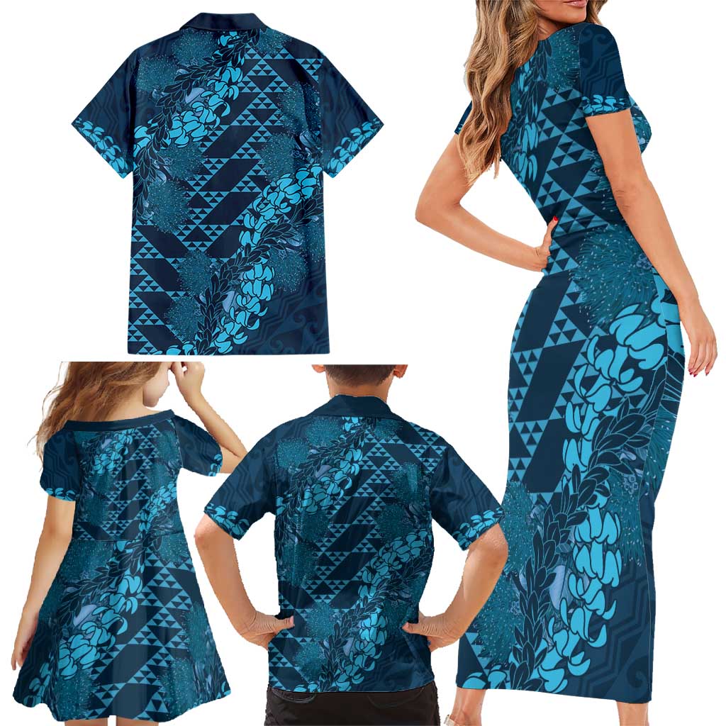 Naval Night Aloha Hawaii Family Matching Short Sleeve Bodycon Dress and Hawaiian Shirt Hawaiian Kakau Ohia Lehua Lei LT14 - Polynesian Pride