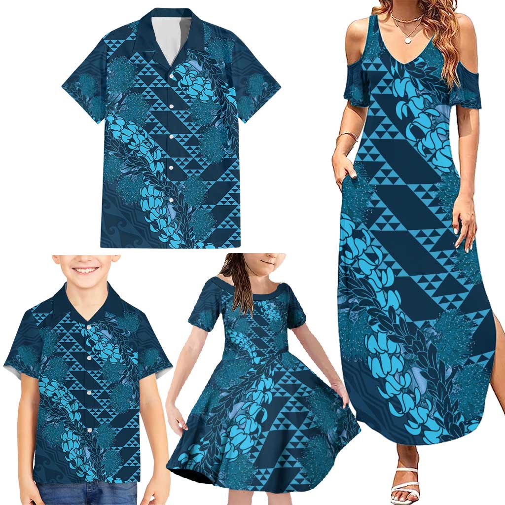 Naval Night Aloha Hawaii Family Matching Summer Maxi Dress and Hawaiian Shirt Hawaiian Kakau Ohia Lehua Lei LT14 - Polynesian Pride