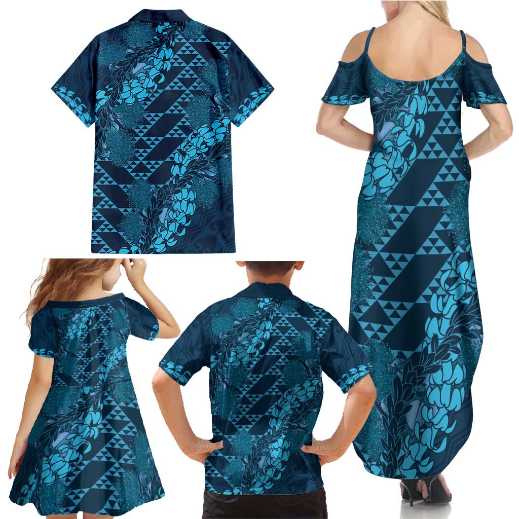 Naval Night Aloha Hawaii Family Matching Summer Maxi Dress and Hawaiian Shirt Hawaiian Kakau Ohia Lehua Lei LT14 - Polynesian Pride