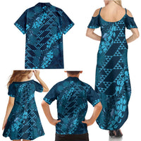 Naval Night Aloha Hawaii Family Matching Summer Maxi Dress and Hawaiian Shirt Hawaiian Kakau Ohia Lehua Lei LT14 - Polynesian Pride