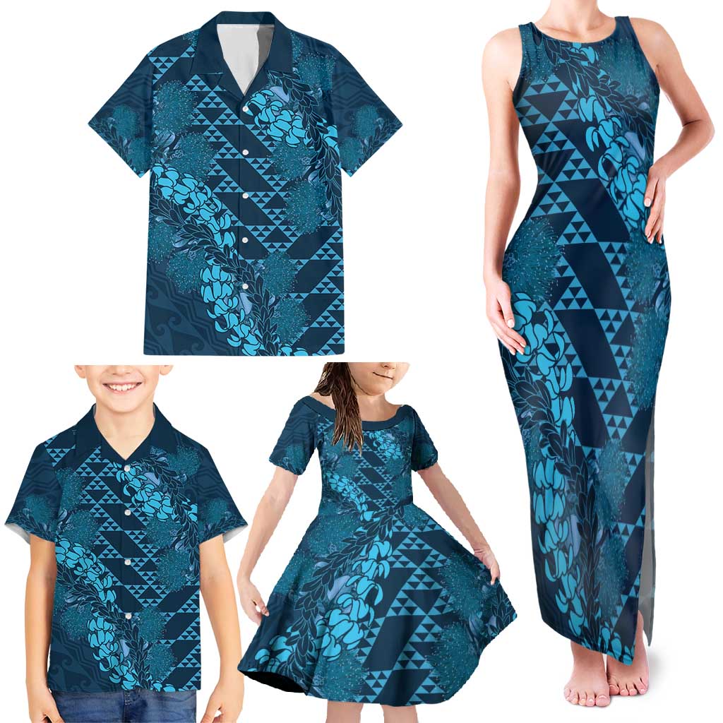 Naval Night Aloha Hawaii Family Matching Tank Maxi Dress and Hawaiian Shirt Hawaiian Kakau Ohia Lehua Lei LT14 - Polynesian Pride