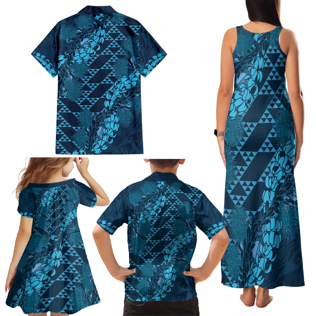 Naval Night Aloha Hawaii Family Matching Tank Maxi Dress and Hawaiian Shirt Hawaiian Kakau Ohia Lehua Lei LT14 - Polynesian Pride