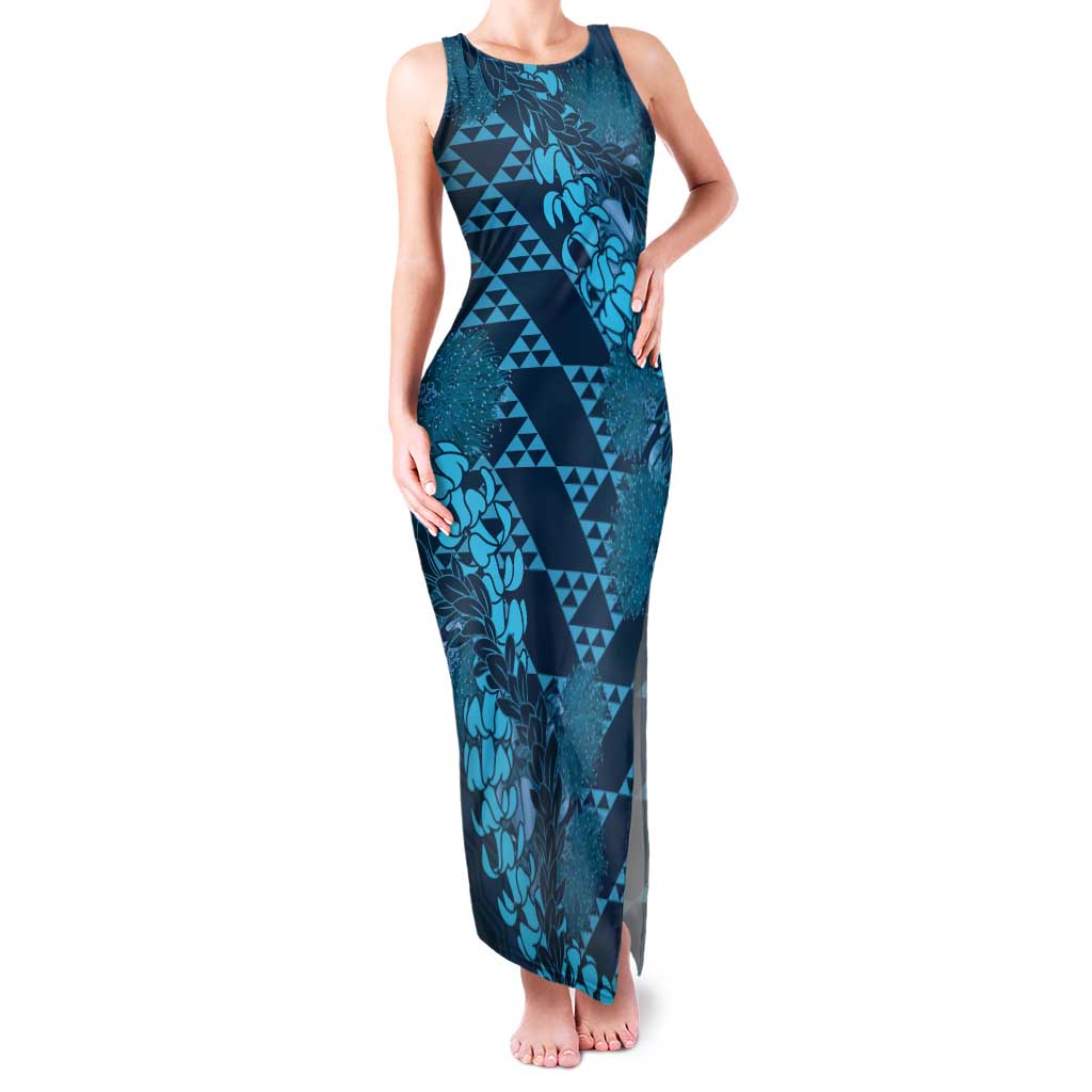 Naval Night Aloha Hawaii Family Matching Tank Maxi Dress and Hawaiian Shirt Hawaiian Kakau Ohia Lehua Lei LT14 Mom's Dress Blue - Polynesian Pride
