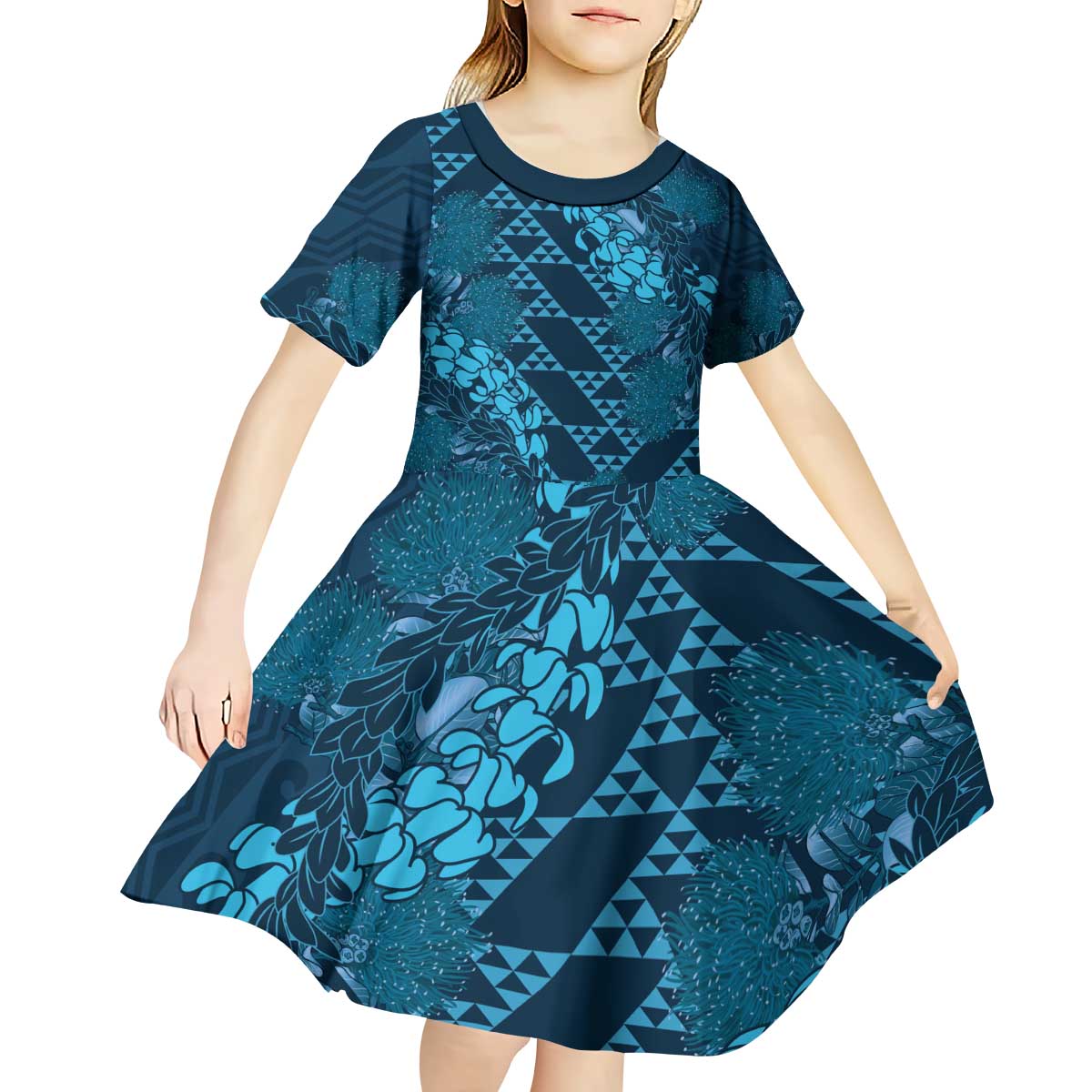 Naval Night Aloha Hawaii Kid Short Sleeve Dress Hawaiian Kakau Ohia Lehua Lei - Polynesian Pride