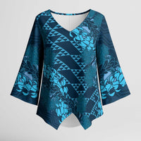 Naval Night Aloha Hawaii Kimono Sleeve Blouse Hawaiian Kakau Ohia Lehua Lei - Polynesian Pride