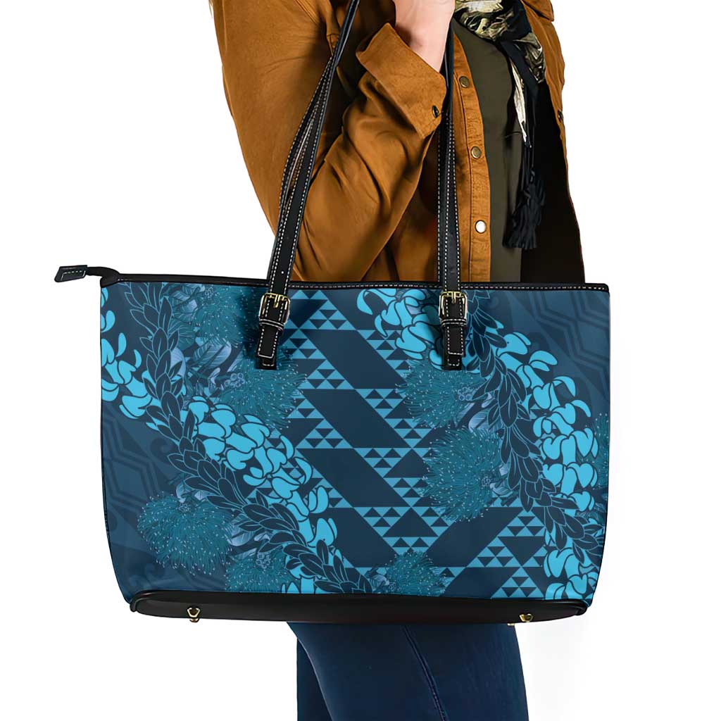 Naval Night Aloha Hawaii Leather Tote Bag Hawaiian Kakau Ohia Lehua Lei - Polynesian Pride