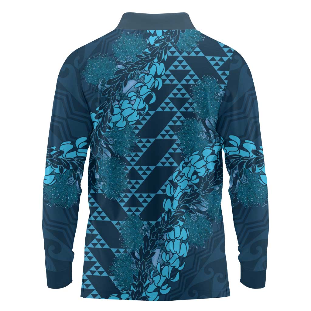 Naval Night Aloha Hawaii Long Sleeve Polo Shirt Hawaiian Kakau Ohia Lehua Lei - Polynesian Pride