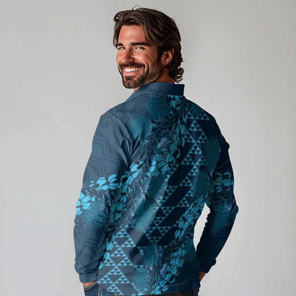Naval Night Aloha Hawaii Long Sleeve Polo Shirt Hawaiian Kakau Ohia Lehua Lei - Polynesian Pride