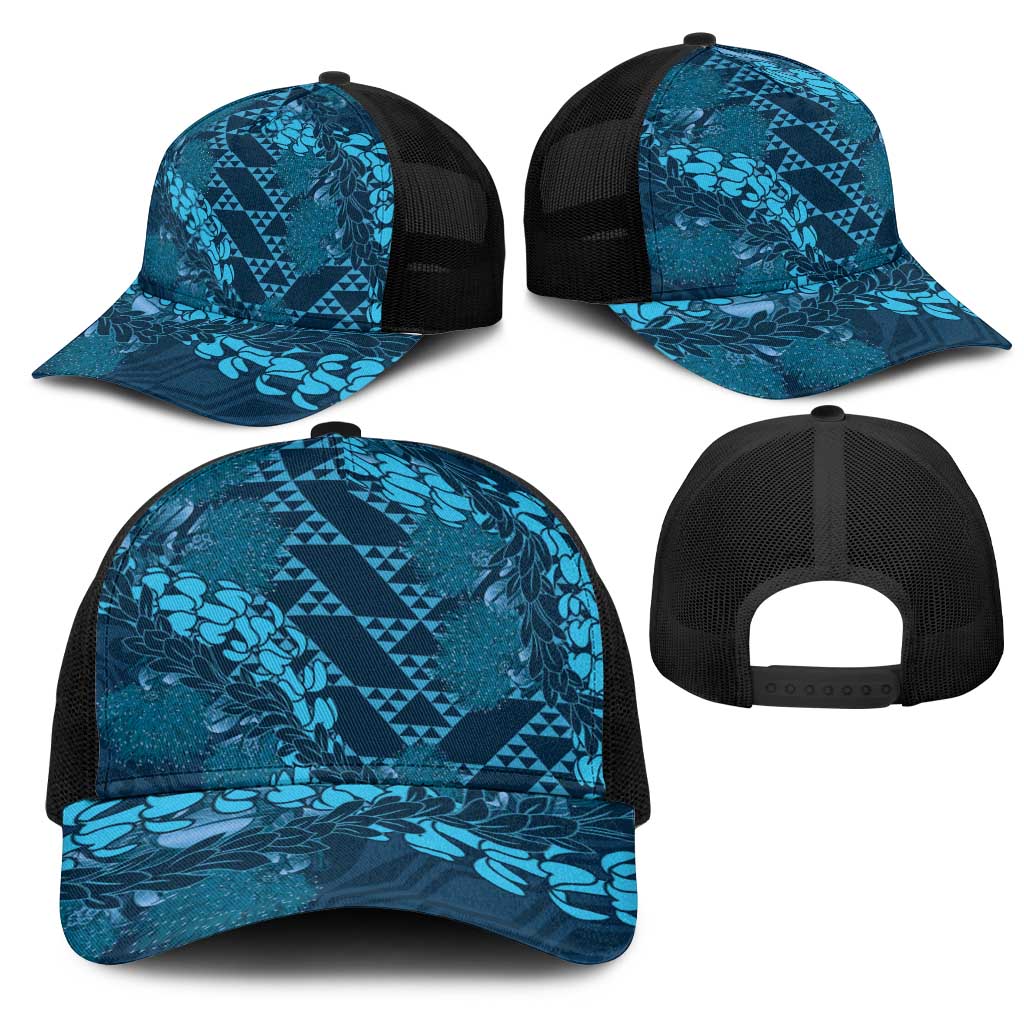 Naval Night Aloha Hawaii Mesh Trucker Cap Hawaiian Kakau Ohia Lehua Lei - Polynesian Pride
