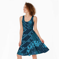 Naval Night Aloha Hawaii Midi Dress Hawaiian Kakau Ohia Lehua Lei - Polynesian Pride