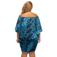 Naval Night Aloha Hawaii Off Shoulder Short Dress Hawaiian Kakau Ohia Lehua Lei - Polynesian Pride