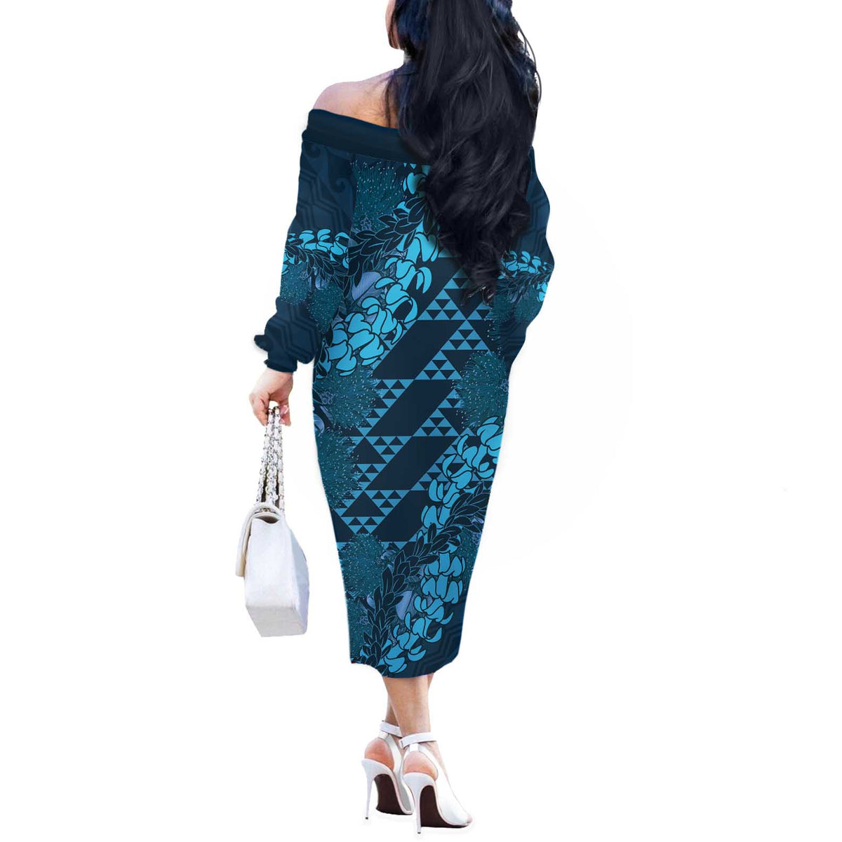 Naval Night Aloha Hawaii Off The Shoulder Long Sleeve Dress Hawaiian Kakau Ohia Lehua Lei - Polynesian Pride