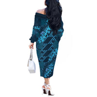 Naval Night Aloha Hawaii Off The Shoulder Long Sleeve Dress Hawaiian Kakau Ohia Lehua Lei - Polynesian Pride