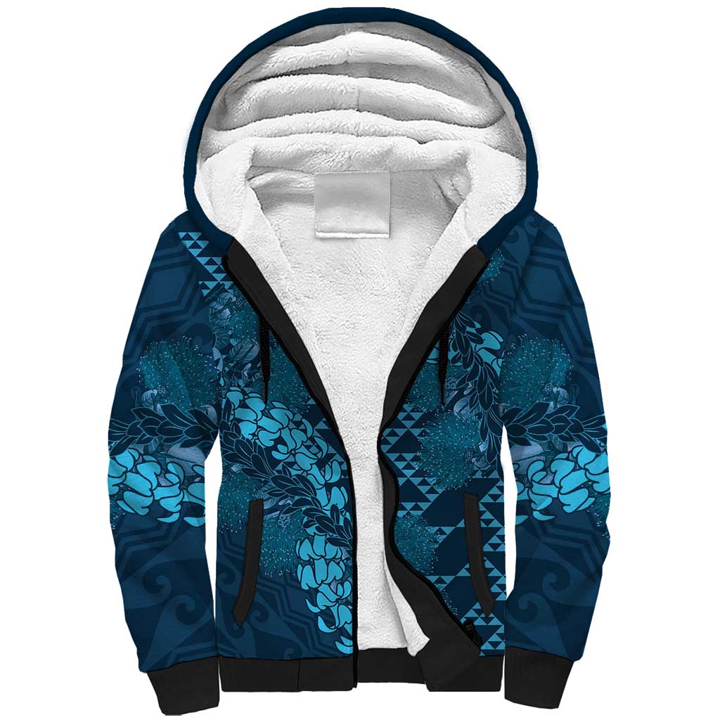Naval Night Aloha Hawaii Sherpa Hoodie Hawaiian Kakau Ohia Lehua Lei - Polynesian Pride