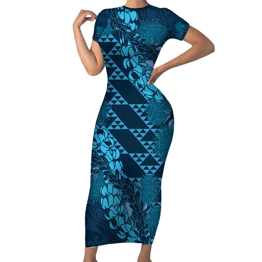 Naval Night Aloha Hawaii Short Sleeve Bodycon Dress Hawaiian Kakau Ohia Lehua Lei - Polynesian Pride