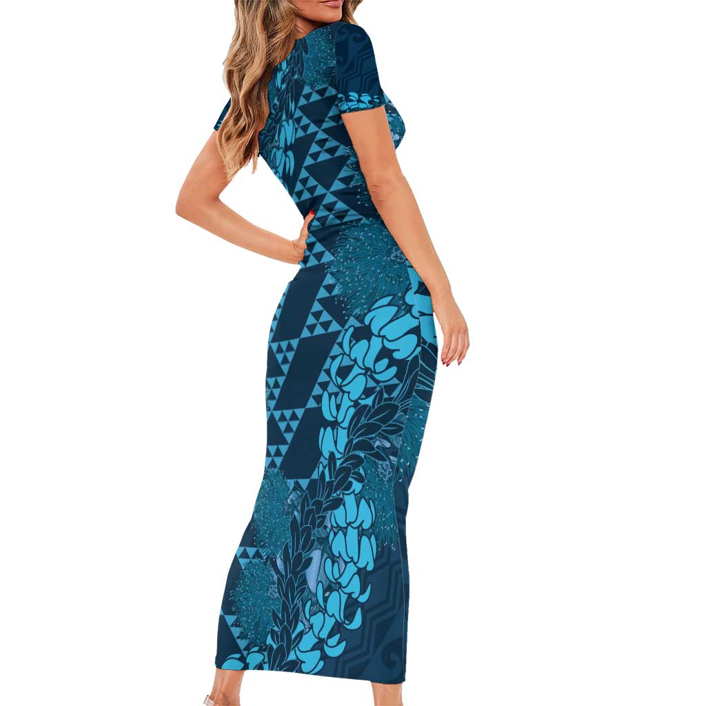 Naval Night Aloha Hawaii Short Sleeve Bodycon Dress Hawaiian Kakau Ohia Lehua Lei - Polynesian Pride