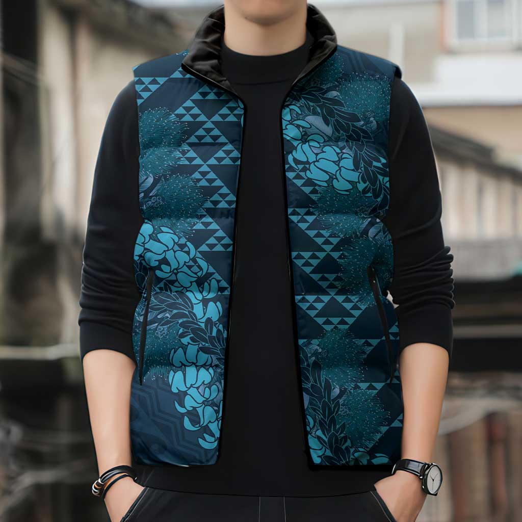 Naval Night Aloha Hawaii Sleeveless Puffer Jacket Hawaiian Kakau Ohia Lehua Lei - Polynesian Pride